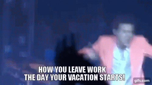 A Man In A Pink Jacket Is Dancing On A Stage And Says `` How You Leave Work The Day Your Vacation Starts '' . GIF