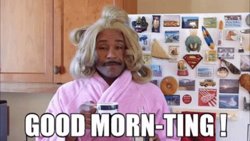 A Man In A Pink Robe Is Holding A Cup Of Coffee And Says Good Morn-Ting ! GIF