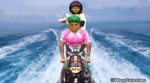 A Man In A Pink Shirt Is Riding A Jet Ski With Two Other Men GIF