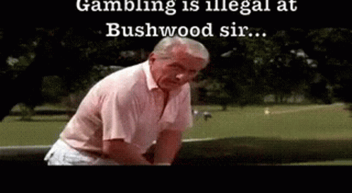 A Man In A Pink Shirt Is Sitting On A Bench In A Park With The Words Gambling Is Illegal At Bushwood Sir .. GIF