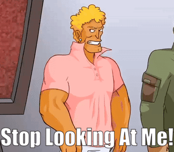 A Man In A Pink Shirt Is Standing Next To Another Man And Says Stop Looking At Me GIF