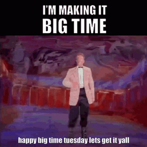 A Man In A Pink Suit And Bow Tie Is Dancing On A Stage With The Words I 'M Making It Big Time GIF