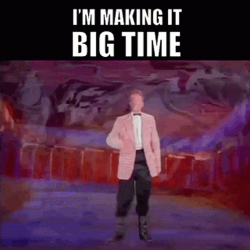 A Man In A Pink Suit And Bow Tie Is Dancing With The Words I 'M Making It Big Time Below Him GIF