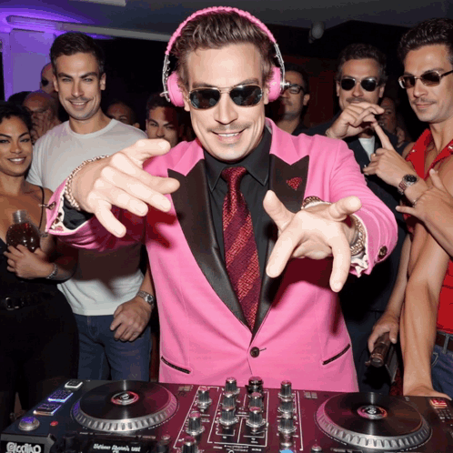 A Man In A Pink Suit And Headphones Is Playing Music On A Dj Mixer GIF