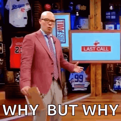 A Man In A Pink Suit And Tie Is Standing In Front Of A Tv Screen That Says Last Call .. GIF