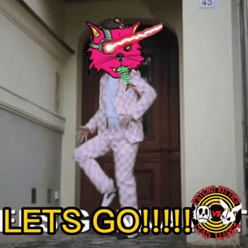 A Man In A Pink Suit Is Standing In Front Of A Door With The Words Let 'S Go !!! GIF