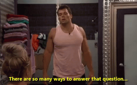 A Man In A Pink Tank Top Is Standing In Front Of A Mirror With The Words There Are So Many Ways To Answer That Question GIF