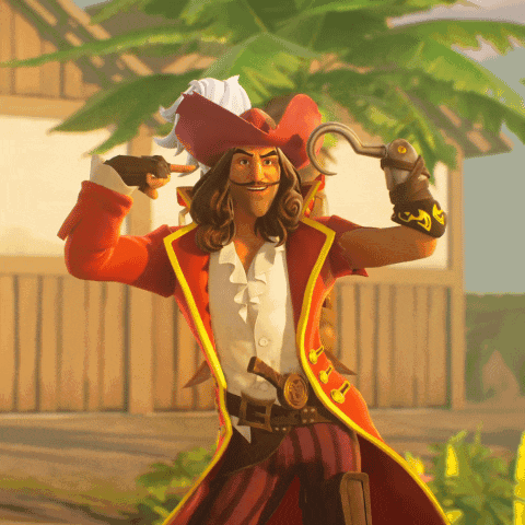 A Man In A Pirate Costume Is Holding A Hook Over His Head GIF