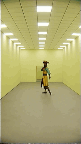 A Man In A Pirate Costume Is Standing In A Large Room GIF
