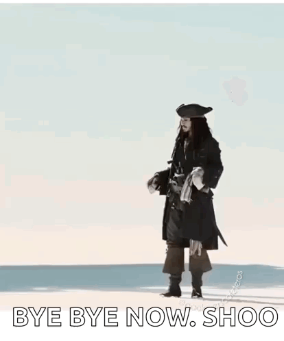 A Man In A Pirate Costume Is Standing On A Beach Holding A Sword And A Gun . GIF