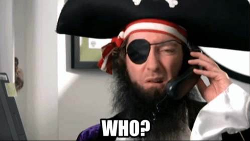 A Man In A Pirate Costume Is Talking On A Cell Phone And Says Who ? GIF