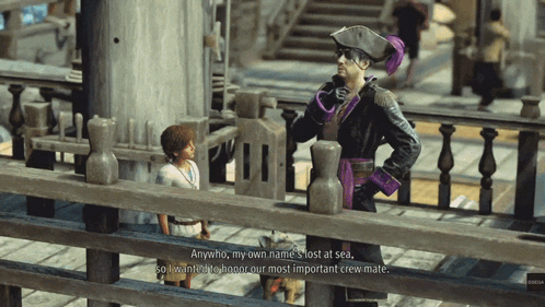 A Man In A Pirate Costume Is Talking To A Little Boy GIF