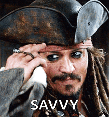 A Man In A Pirate Hat Has The Word Savvy Written On His Face GIF