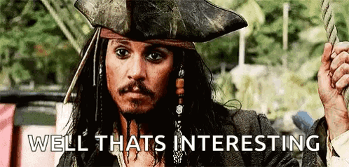 A Man In A Pirate Hat Is Holding A Feather And Saying `` Well That 'S Interesting '' . GIF