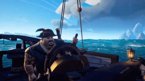 A Man In A Pirate Hat Is Holding The Steering Wheel Of A Boat GIF