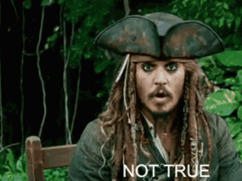 A Man In A Pirate Hat Is Sitting In A Chair With The Words `` Not True '' Written On His Face . GIF