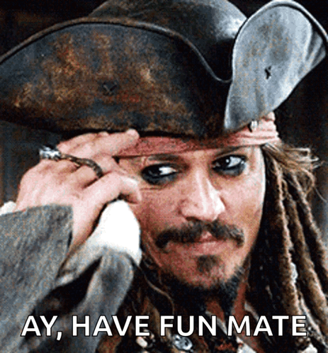 A Man In A Pirate Hat With The Words Ay Have Fun Mate Below Him GIF