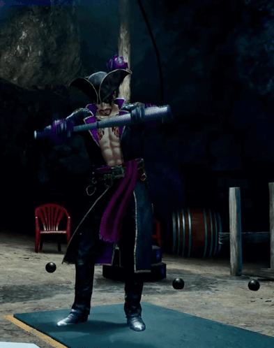 A Man In A Pirate Outfit Is Holding A Sword In A Dark Room GIF