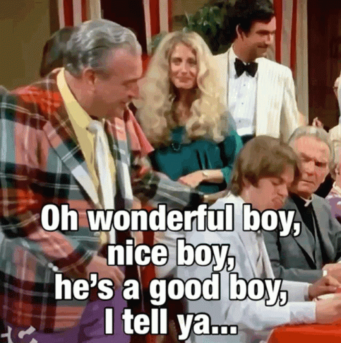 A Man In A Plaid Jacket Says Oh Wonderful Boy Nice Boy He 'S A Good Boy I Tell Ya .. GIF