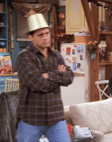 A Man In A Plaid Shirt And A Hat Stands In Front Of A Refrigerator GIF