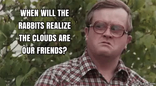 A Man In A Plaid Shirt And Glasses Is Asking When Will The Rabbits Realize The Clouds Are Our Friends ? GIF