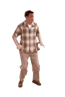 a man in a plaid shirt is dancing with his arms in the air .
