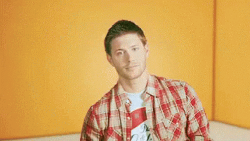 a man in a plaid shirt is giving two thumbs up in front of an orange wall .