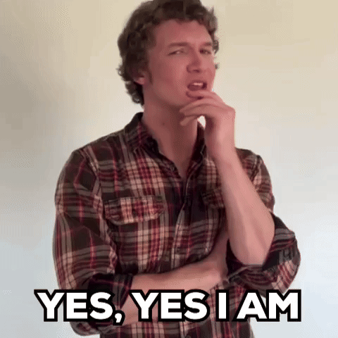 A Man In A Plaid Shirt Is Holding His Hand To His Chin And Says Yes , Yes I Am . GIF