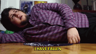 A Man In A Plaid Shirt Is Laying On The Floor And Says I Have Fallen GIF