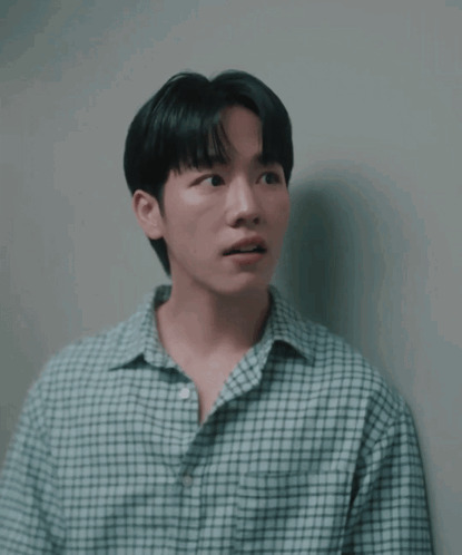 A Man In A Plaid Shirt Is Leaning Against A White Wall GIF