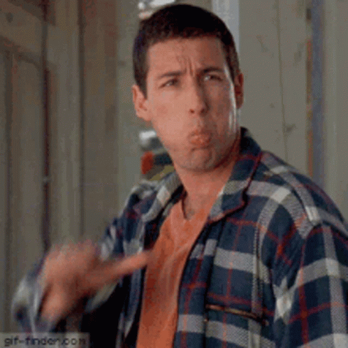 A Man In A Plaid Shirt Is Making A Funny Face While Pointing At The Camera . GIF