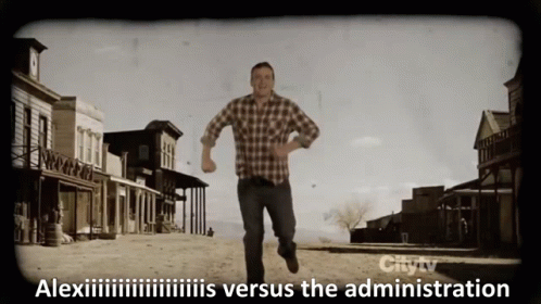 A Man In A Plaid Shirt Is Running Down A Street With The Words Alexiiiis Versus The Administration Below Him GIF