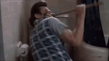 A Man In A Plaid Shirt Is Sitting In A Bathroom Holding A Toilet Paper Roll . GIF