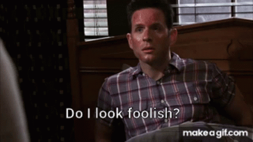 A Man In A Plaid Shirt Is Sitting In A Chair And Says Do I Look Foolish ? GIF