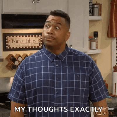 A Man In A Plaid Shirt Is Standing In A Kitchen And Says " My Thoughts Exactly " GIF