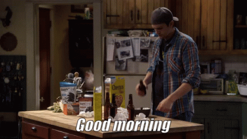 A Man In A Plaid Shirt Is Standing In A Kitchen With A Box Of Cheerios On The Counter GIF