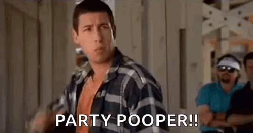 A Man In A Plaid Shirt Is Standing In Front Of A Group Of People And Saying `` Party Pooper '' . GIF