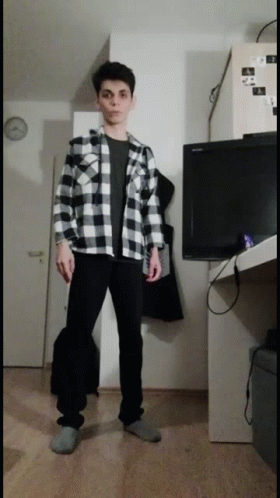 A Man In A Plaid Shirt Is Standing In Front Of A Television GIF