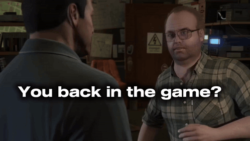 A Man In A Plaid Shirt Is Talking To Another Man With The Words " You Back In The Game " On The Bottom GIF