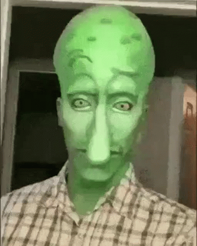 a man in a plaid shirt is wearing a squidward mask .