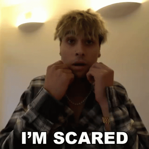 A Man In A Plaid Shirt Says I 'M Scared With His Hands On His Face GIF