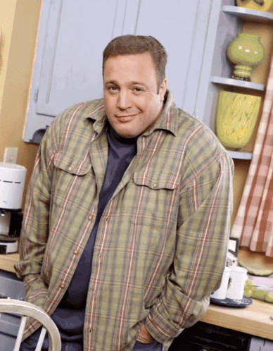 A Man In A Plaid Shirt Stands In A Kitchen GIF