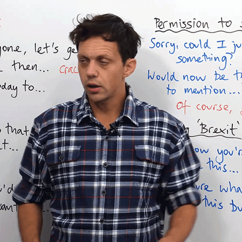 A Man In A Plaid Shirt Stands In Front Of A White Board That Says " Permission To " On It GIF