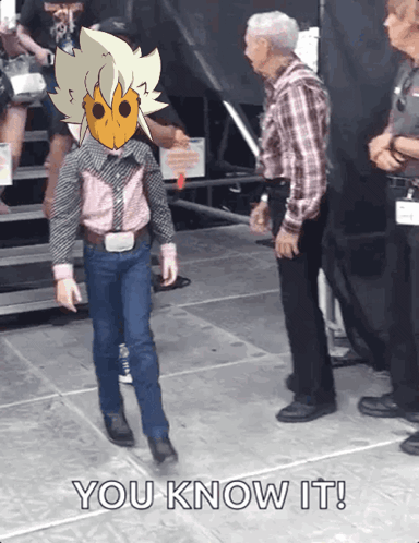 A Man In A Plaid Shirt Stands Next To A Boy In A Cowboy Outfit And The Words You Know It GIF