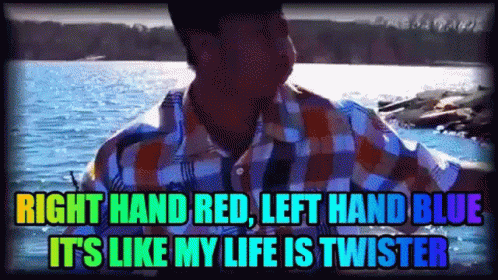 A Man In A Plaid Shirt With The Words Right Hand Red Left Hand Blue It 'S Like My Life Is Twister Written Below Him GIF