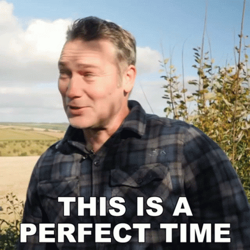 a man in a plaid shirt with the words this is a perfect time above him