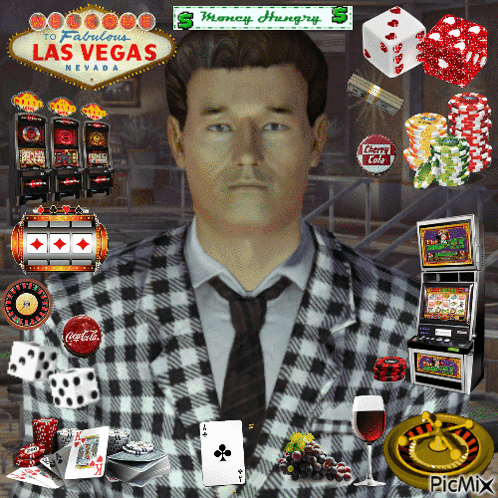 A Man In A Plaid Suit And Tie Is Surrounded By Gambling Related Items GIF