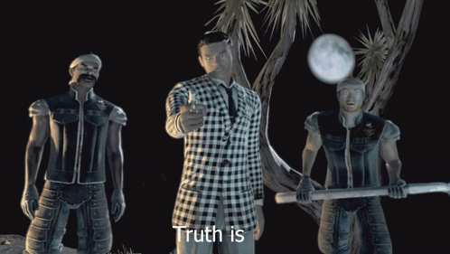 A Man In A Plaid Suit Is Pointing At The Camera With The Words " Truth Is " Above Him GIF