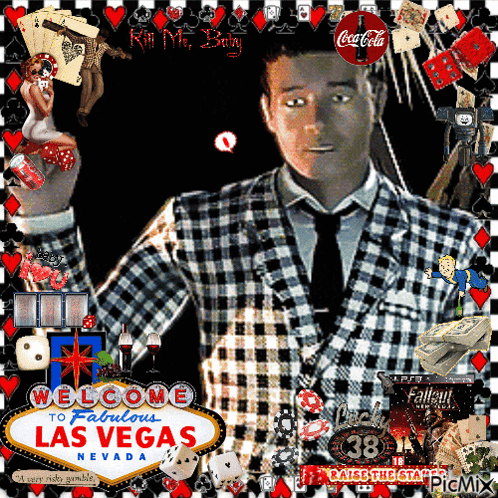 A Man In A Plaid Suit Stands In Front Of A Sign That Reads Welcome To Fabulous Las Vegas Nevada GIF