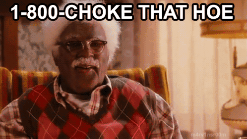 A Man In A Plaid Sweater Is Sitting In A Chair With The Words 1-800-Choke That Hoe Above Him GIF